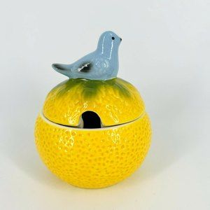 Anthropologie Sugar Bowl W/Lid, Lemon/Grapefruit & A Bluebird Motif (No Spoon)